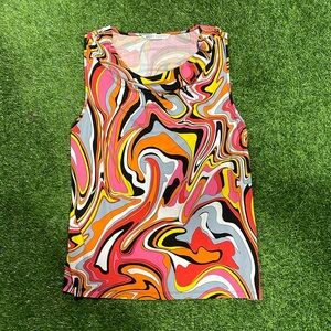 Multicolor psychedelic sleeveless blouse with cowl neck.